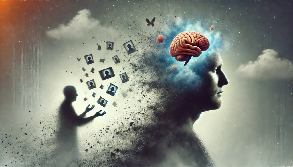 A surreal illustration of memory loss, featuring a person's silhouette with parts of their head dissolving into mist. In the background, another figure holds together scattered memories, symbolizing the contrast between myths of sudden memory loss and the reality of gradual cognitive decline.