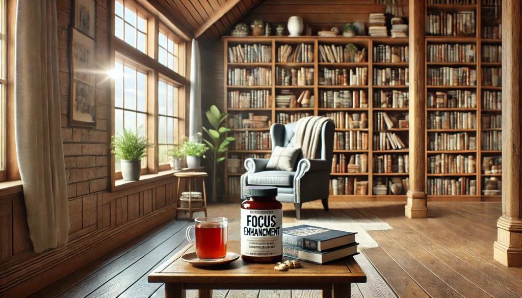 Peaceful home library with wooden bookshelves, a cozy reading nook, and a cup of herbal tea, highlighting relaxation and cognitive enhancement through focus-enhancing supplements.