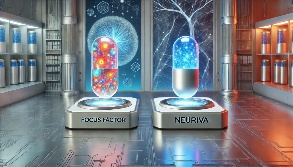 A widescreen depiction of a futuristic lab setup with two glowing capsules on pedestals. One capsule is vibrant and complex, symbolizing Focus Factor, while the other is sleek and minimalist, representing Neuriva. The background features abstract neural patterns in soft blue and silver tones.