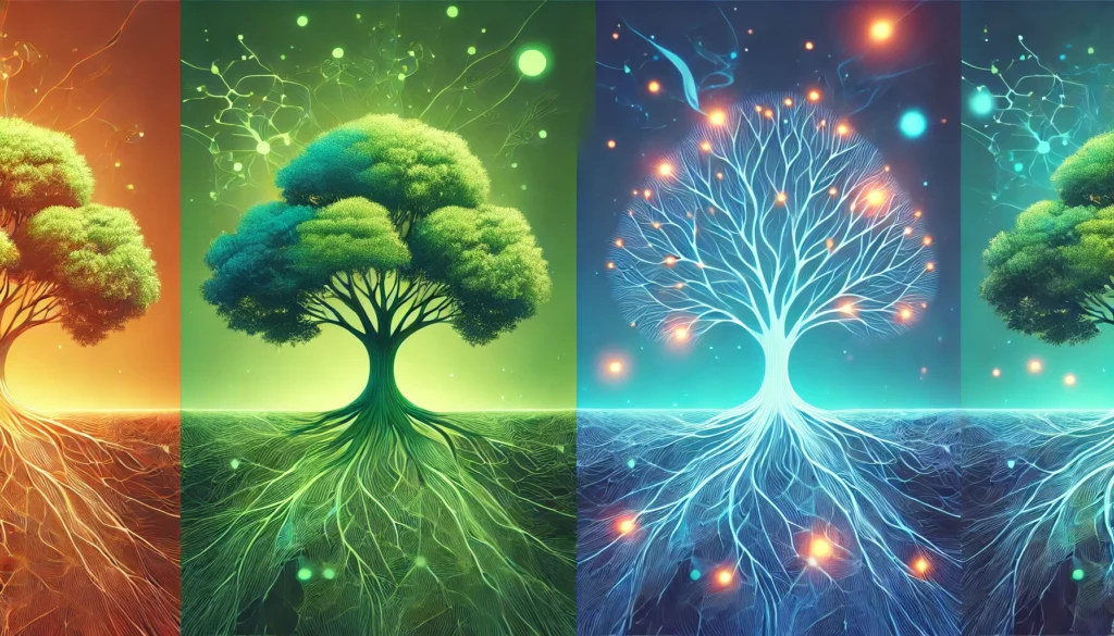 A widescreen artistic representation of two glowing trees. One is lush and vibrant, symbolizing Focus Factor, while the other is sleek and minimal, representing Neuriva. The intertwined roots form abstract neural patterns, set against a calming gradient of blue and green hues.