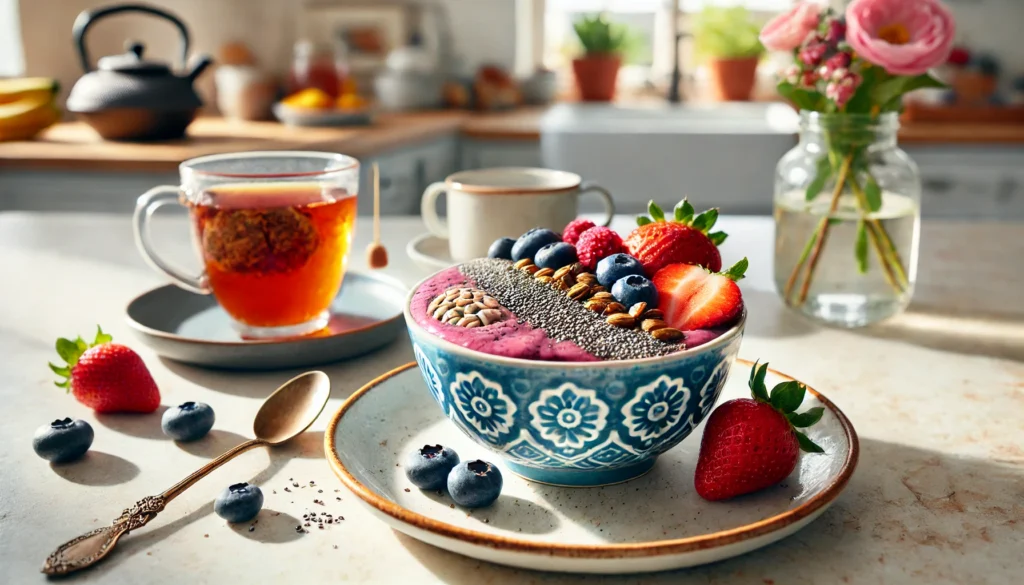 Close-up of a berry smoothie bowl with fresh fruit, chia seeds, and herbal tea, promoting memory enhancement in a sunny kitchen setting