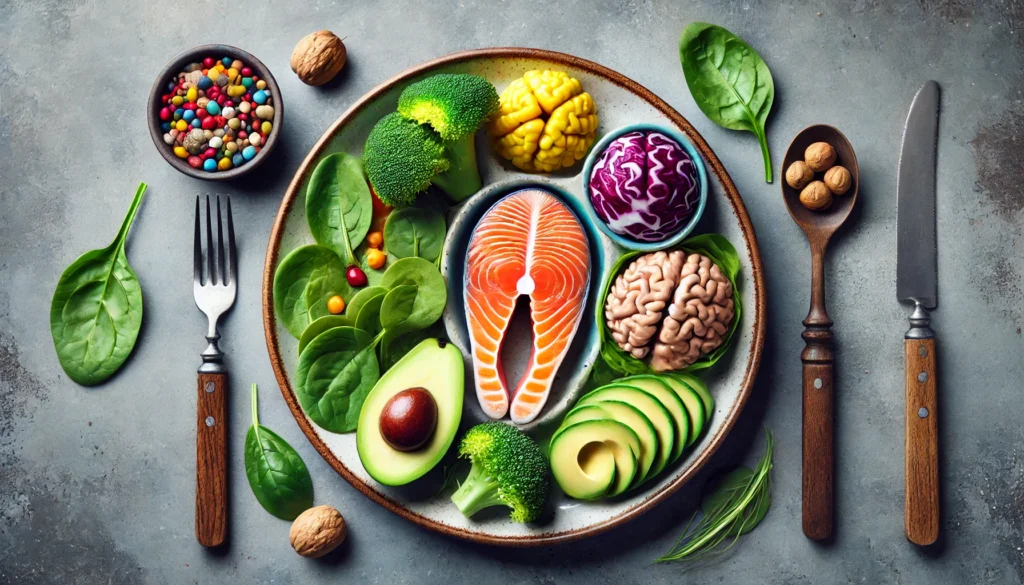 A top-down view of a nutritious meal with memory-boosting foods like salmon, avocado, and spinach, arranged on a ceramic plate. The rich colors and fresh ingredients symbolize brain health and cognitive enhancement.