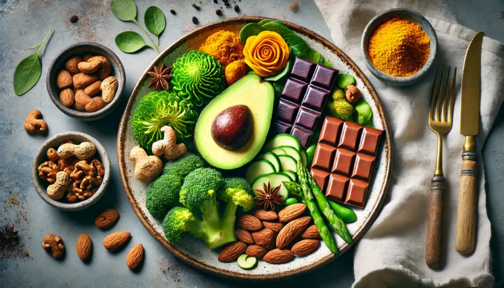 A nutritious meal featuring dementia-fighting foods such as avocados, turmeric, dark chocolate, and almonds, beautifully plated on a ceramic dish. The rich colors and fresh textures highlight the brain health benefits of these superfoods.