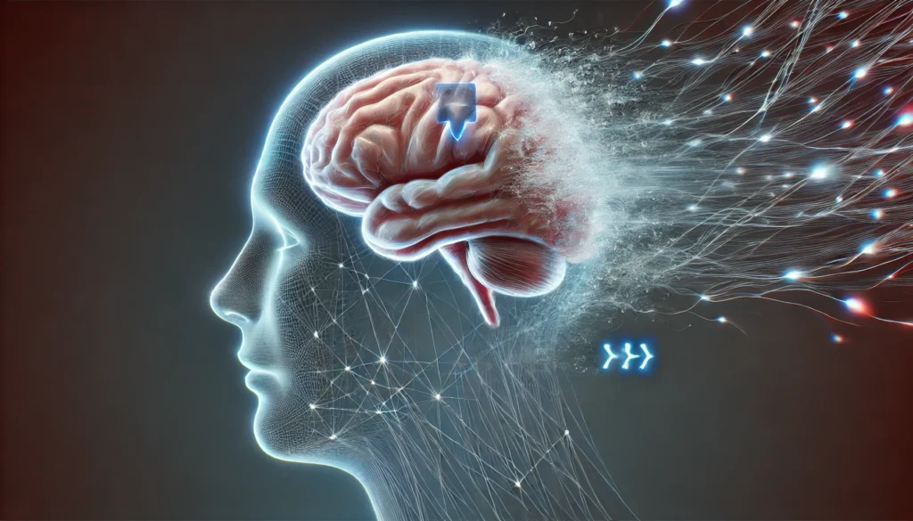 A conceptual visualization of a human brain with a fading speech bubble, representing the phenomenon of forgetting mid-sentence. The neural pathways appear disconnected, illustrating the temporary lapse in memory retrieval during speech processing.