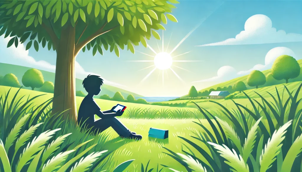 A tranquil outdoor setting with a person gaming under a tree, highlighting stress relief through nature and games.