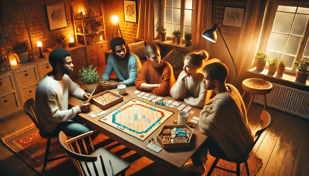 A warm and inviting scene of friends playing a board game, promoting stress management through social interaction.