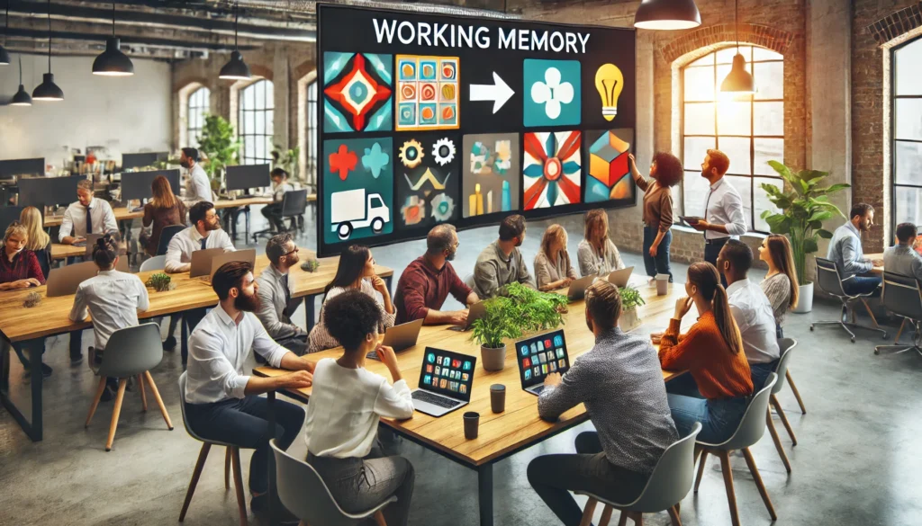 Coworkers collaborating in an office while engaging in a working memory game on a large interactive screen, emphasizing teamwork and cognitive skill-building.