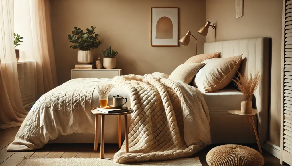 Serene bedroom with a weighted blanket draped over a neatly made bed, featuring neutral tones, warm ambient lighting, and a small side table with a potted plant and a cup of herbal tea.