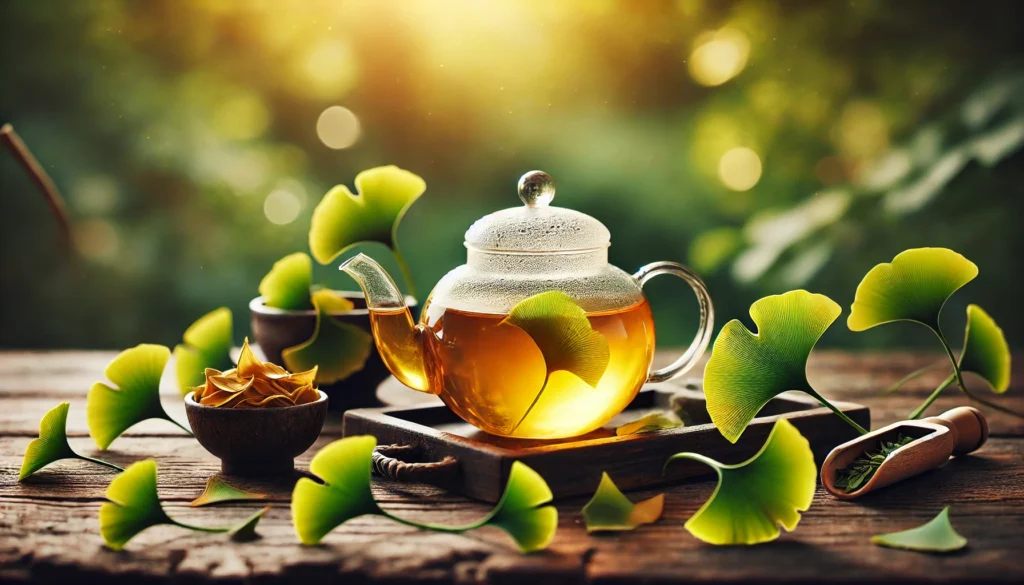 A glass teapot filled with golden ginkgo tea on a rustic wooden table outdoors. Fresh green ginkgo leaves and a small bowl of dried leaves surround the teapot, with blurred greenery and sunlight in the background for a natural and refreshing vibe