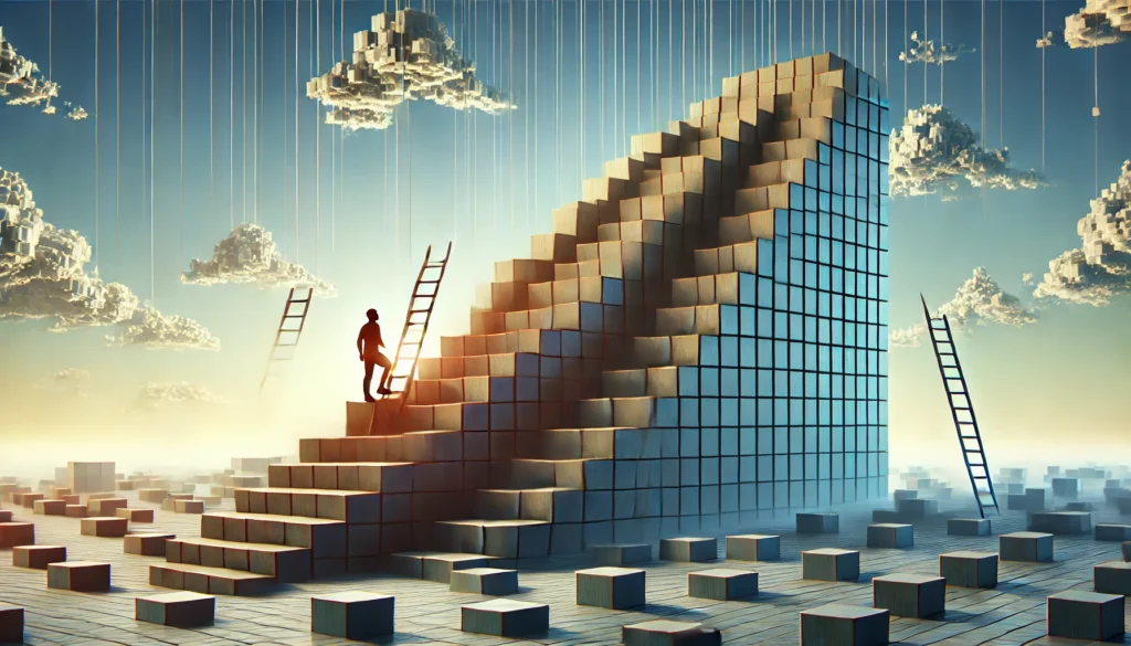 A visually inspiring concept of a person building a staircase made of blocks, each symbolizing a step toward achieving their goals, representing progress, persistence, and structured goal setting under a clear sky of limitless potential