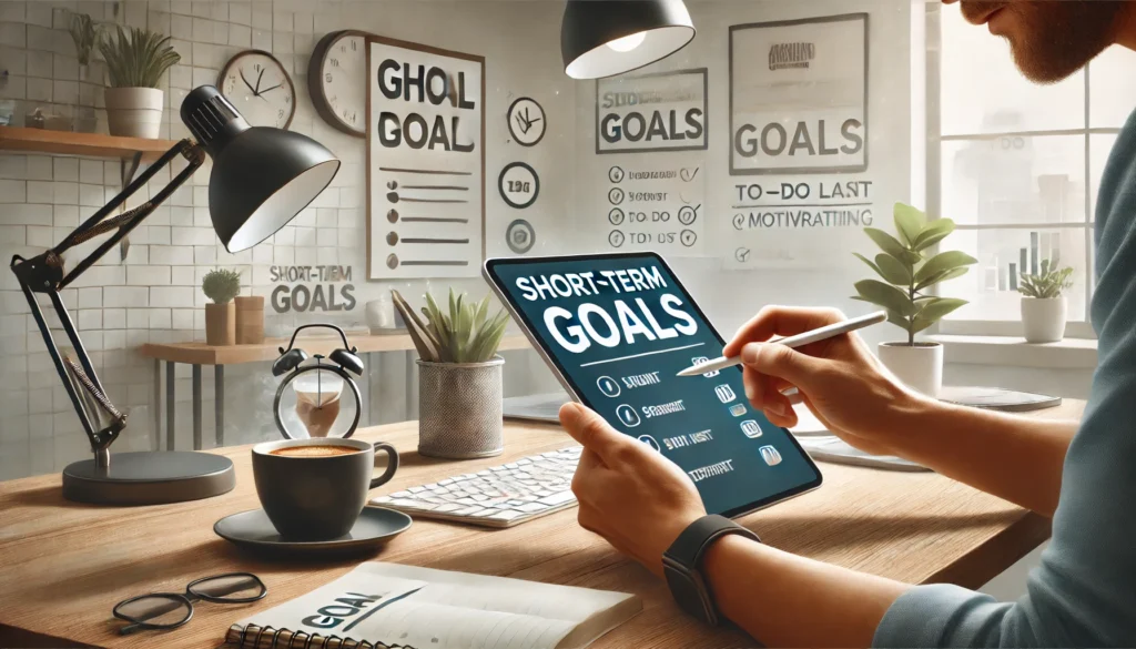 A person setting short-term goals on a digital tablet at a modern home workspace, surrounded by a coffee cup, a to-do list, and motivational decor, emphasizing productivity and goal planning related to 'a couple of my short term goals are