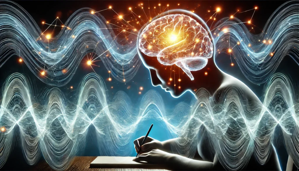 An abstract visualization of a person solving a memory puzzle, with glowing neural connections forming in their brain. The energy waves symbolize brain training exercises such as recalling lists, solving patterns, and strengthening cognitive skills.