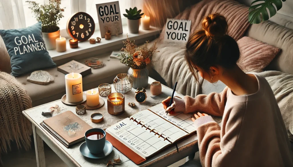 A person writing in a goal planner at a cozy home workspace, with a cup of tea, candles, and motivational decorations, creating a calming and inspiring atmosphere with goal planners