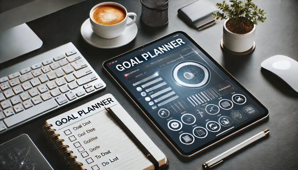 A modern digital goal planner displayed on a tablet screen, placed on a sleek office desk with a keyboard, coffee, and a to-do list, showcasing the integration of technology in goal planners