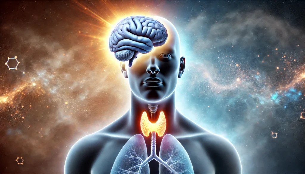 A conceptual image linking Graves' disease to dementia, depicting a human figure with a glowing thyroid gland connected to a fading brain. The background transitions from a bright aura to a foggy, disoriented space, representing the cognitive effects of thyroid dysfunction.