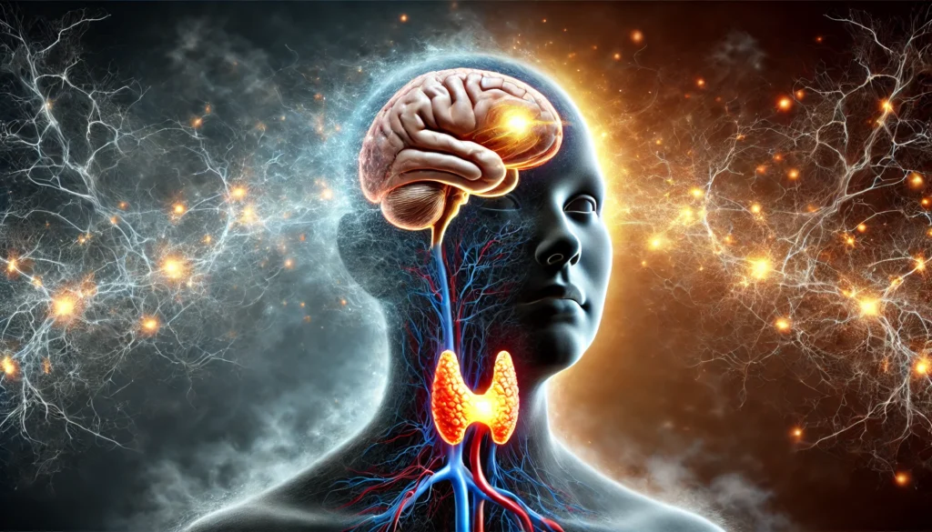 A surreal visualization of Graves' disease and dementia, illustrating a person with a thyroid gland glowing intensely while the brain appears partially shrouded in mist. Neural pathways flicker between brightness and darkness, symbolizing fluctuating cognitive function.