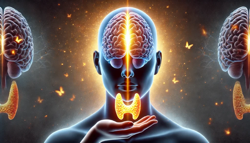 An artistic depiction of Graves' disease affecting cognitive function, showing a person's brain split into two halves—one side bright and clear, the other fading into darkness. A glowing thyroid gland in the center emphasizes its role in brain health.