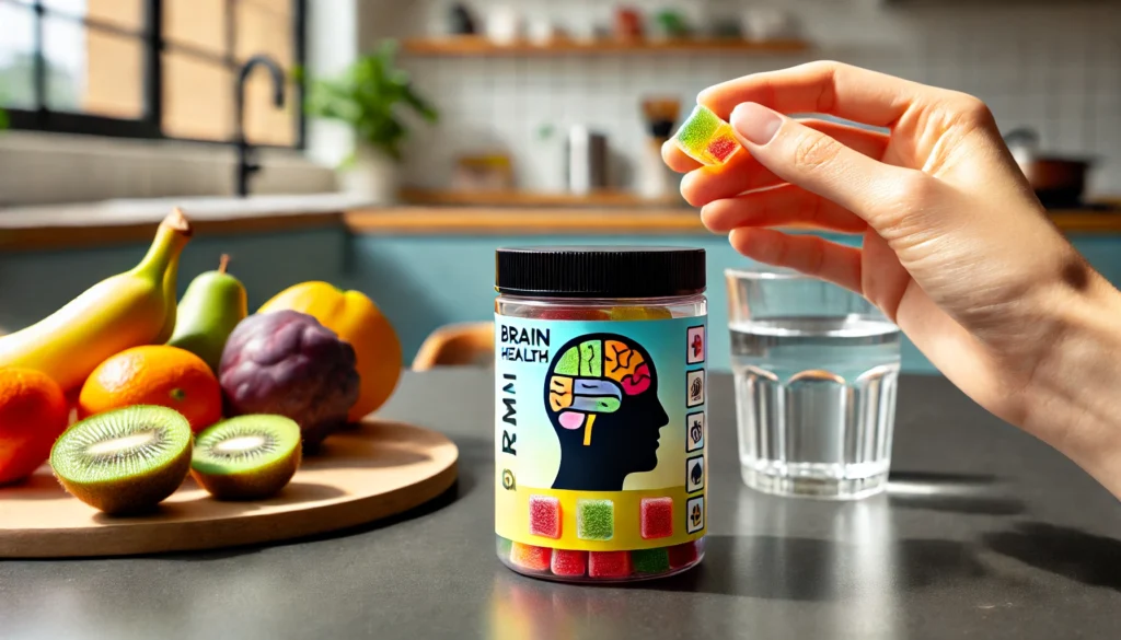 A close-up of a hand holding a vibrant brain health gummy near a container, set on a modern kitchen counter with fresh fruits and a glass of water, highlighting gummies for brain.