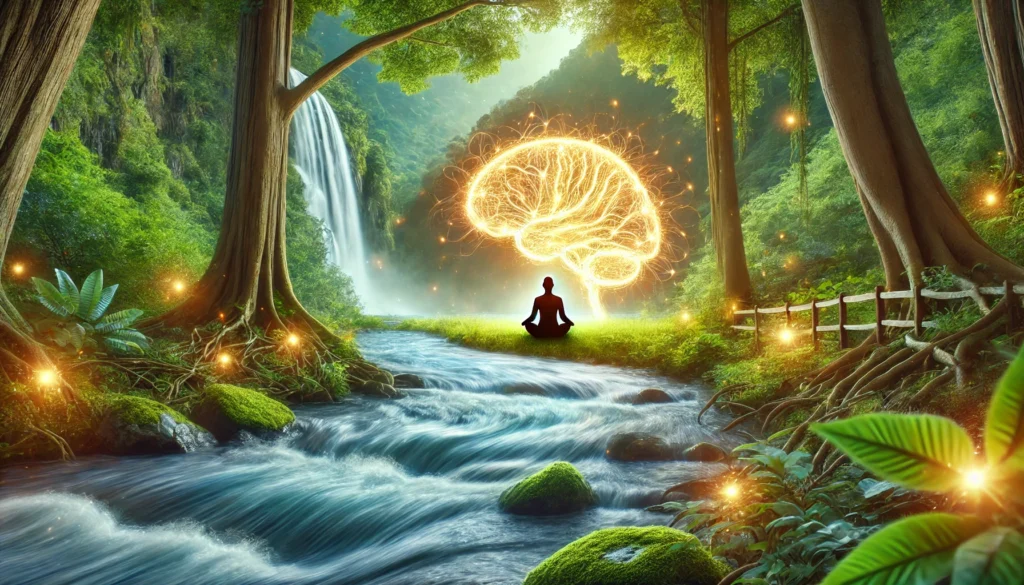 A peaceful outdoor meditation scene with a person sitting by a flowing river, surrounded by a natural glow of energy. The environment symbolizes mental healing, stress relief, and the power of nature in brain recovery.