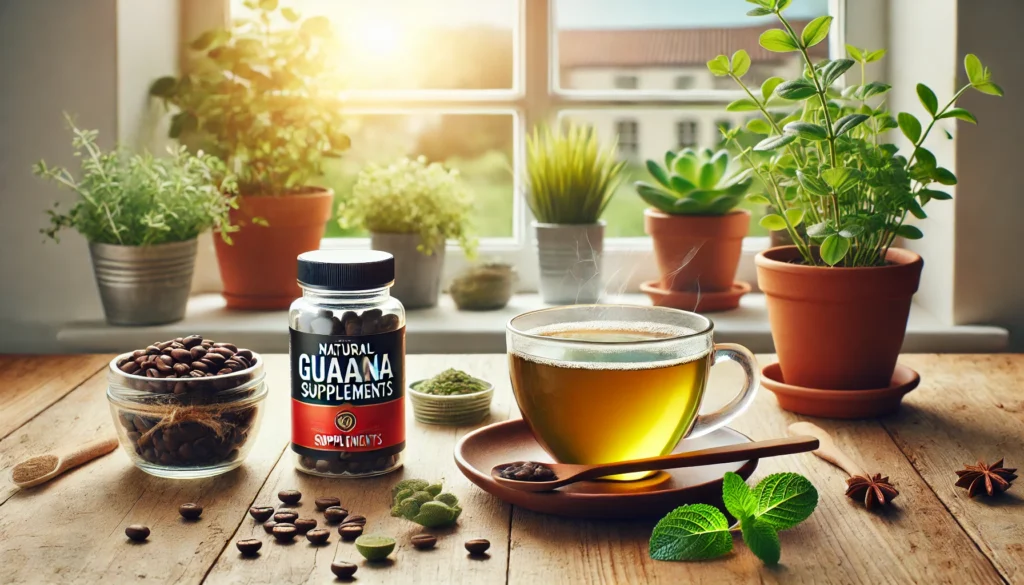 A cozy kitchen counter featuring a cup of freshly brewed green tea, a bowl of coffee beans, and a bottle of guarana supplements, with a sunlight-filled window and fresh herbs in the background, symbolizing natural energy boosters and focus enhancers.