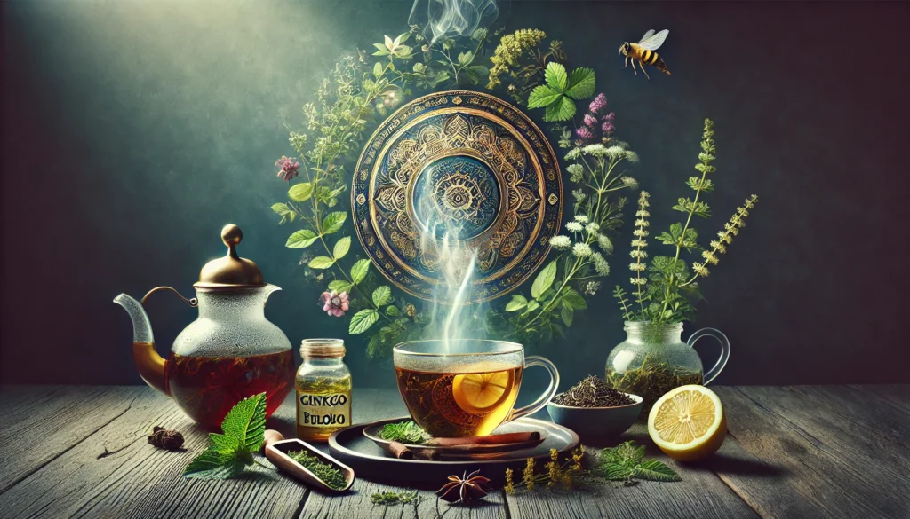 An elegant herbal tea setup featuring focus-boosting herbs like ginkgo biloba, tulsi, and lemon balm. The rising steam from the tea symbolizes mental clarity and cognitive enhancement.