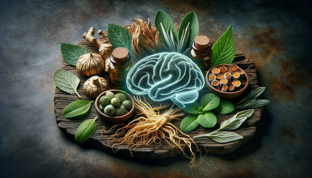 An artistic composition of herbal leaves and extracts, including ginseng, gotu kola, and sage, displayed on a rustic stone surface. The herbs glow subtly, symbolizing their natural cognitive-enhancing properties.