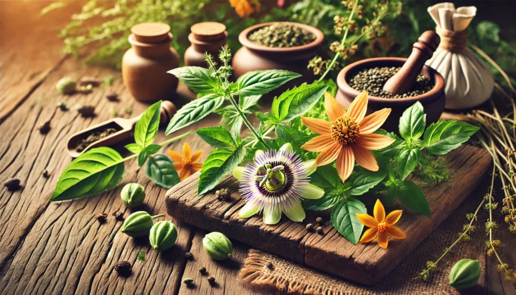 A close-up view of fresh herbs such as ashwagandha, holy basil, and passionflower arranged on a rustic wooden table, emphasizing traditional herbal remedies that calm the nerves.