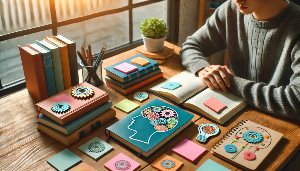 A calm setting with a person sitting at a wooden desk, surrounded by organized notebooks and colorful sticky notes, symbolizing effective note-taking strategies for enhancing memory.