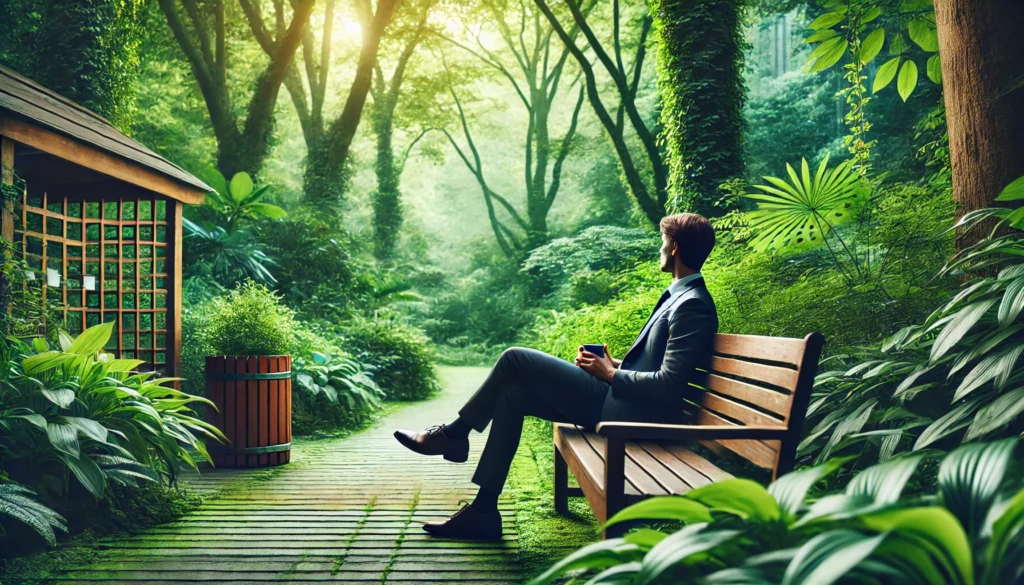 A professional seated on a park bench surrounded by greenery, taking a mindful break to relax and connect with nature, emphasizing strategies to avoid burnout.