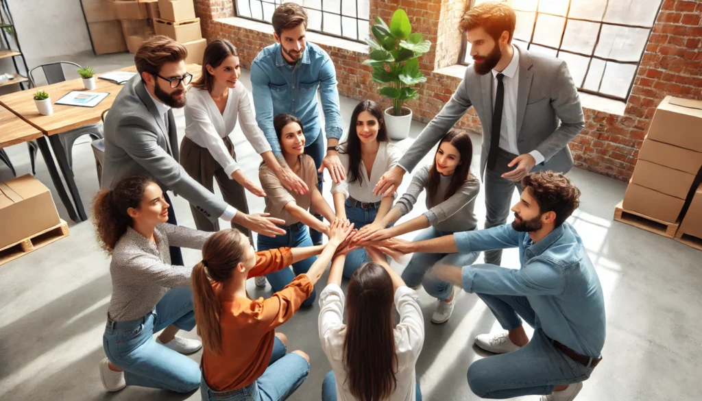 A diverse team of professionals engaging in a collaborative team-building activity in a bright workspace, highlighting supportive relationships as a key to avoiding burnout.