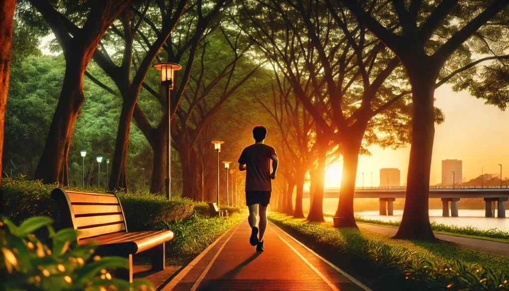 A person jogging along a tree-lined path at sunset, showcasing how to destress after work through physical activity and connecting with nature.