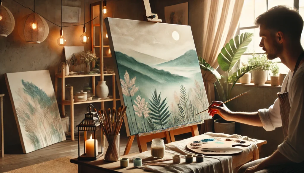 An individual painting on a canvas in a well-lit art studio, highlighting how to destress after work through creative activities and self-expression.