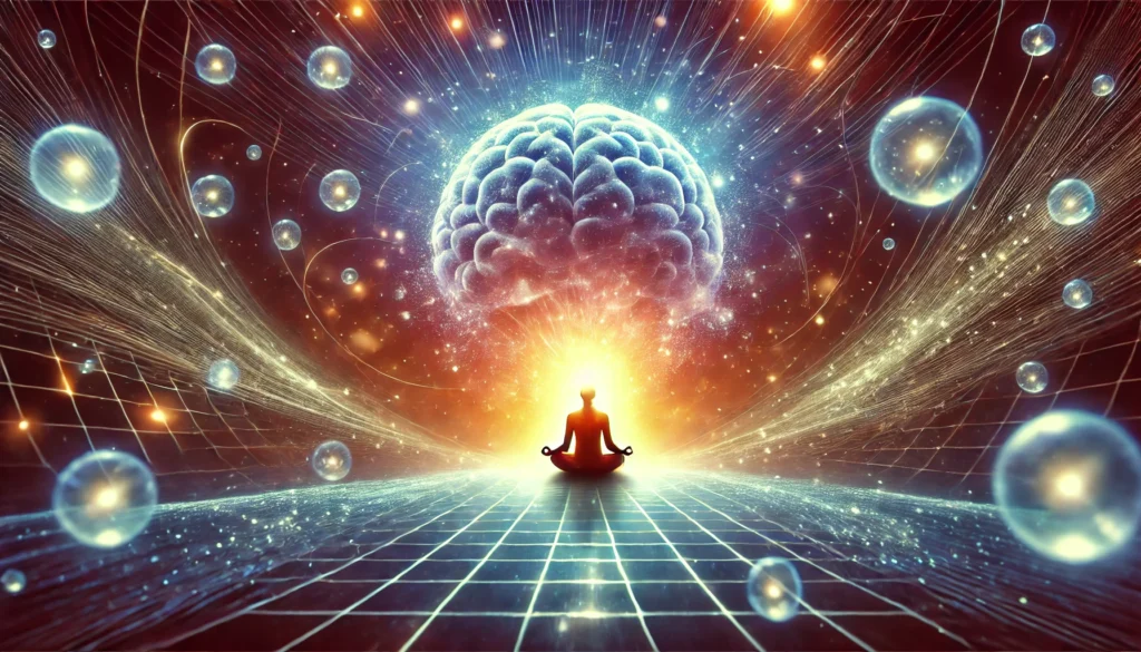 A surreal depiction of a person meditating with a glowing aura, surrounded by floating energy orbs. The scene symbolizes mindfulness, mental clarity, and brainpower enhancement through daily meditation and focus exercises.