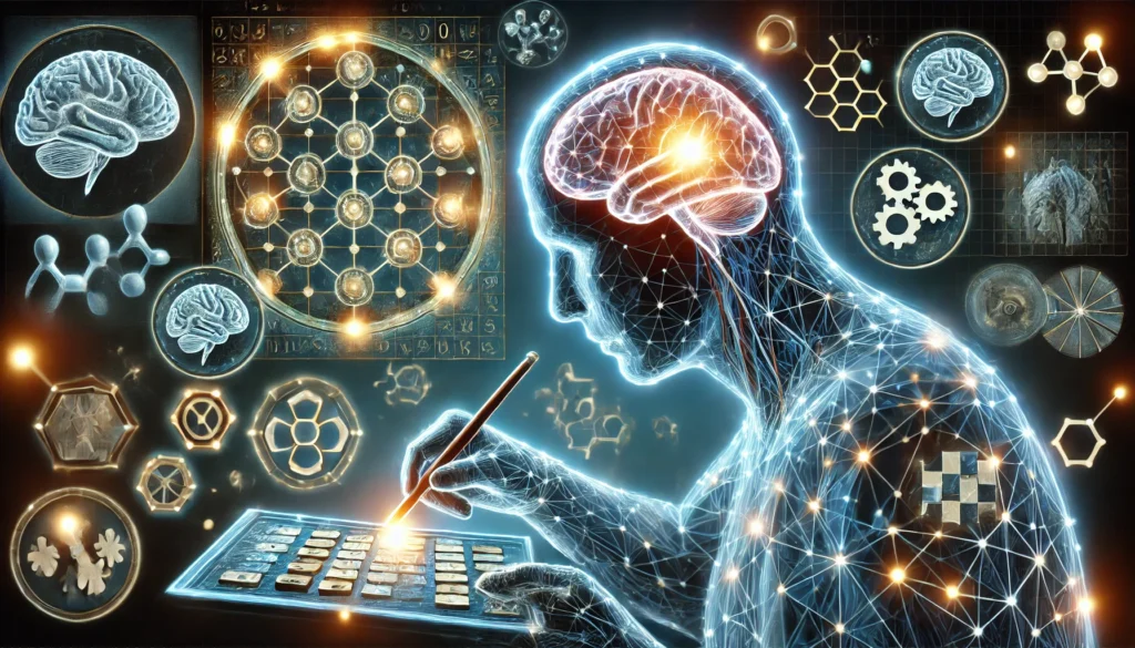 An abstract representation of a person engaging in cognitive training activities, such as solving puzzles and strategic games. The glowing neural connections illustrate enhanced brain function, problem-solving skills, and improved mental agility.