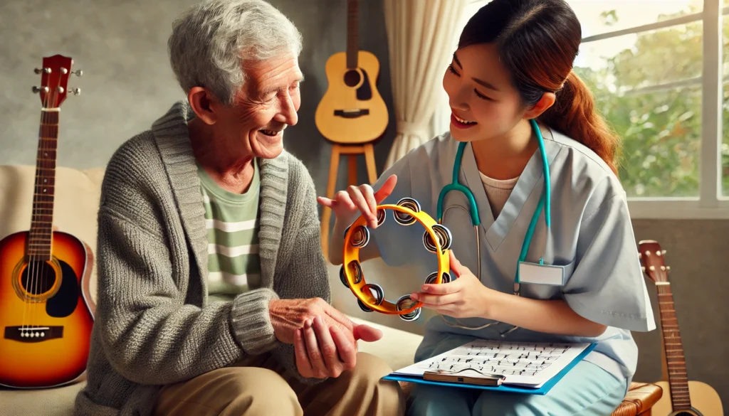 An elderly person participating in a music therapy session, playing a simple instrument like a tambourine while a therapist encourages engagement. The joyful setting highlights music as a strategy for cognitive support.