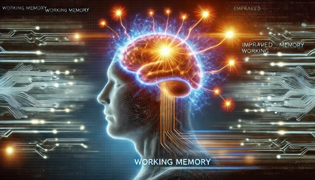 A conceptual image of a person's brain forming glowing memory connections, representing improved working memory. The neural pathways expand dynamically, symbolizing enhanced cognitive functions and recall ability.