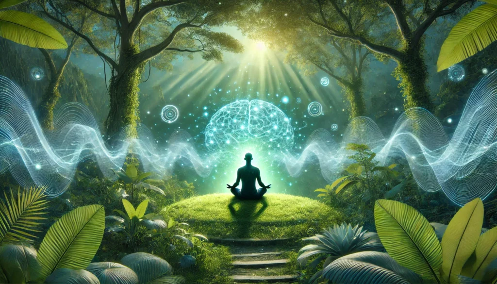 A peaceful outdoor meditation scene with a person sitting in a lush green environment, surrounded by glowing energy waves. The atmosphere represents mindfulness as a natural way to boost brain cell growth and cognitive function.