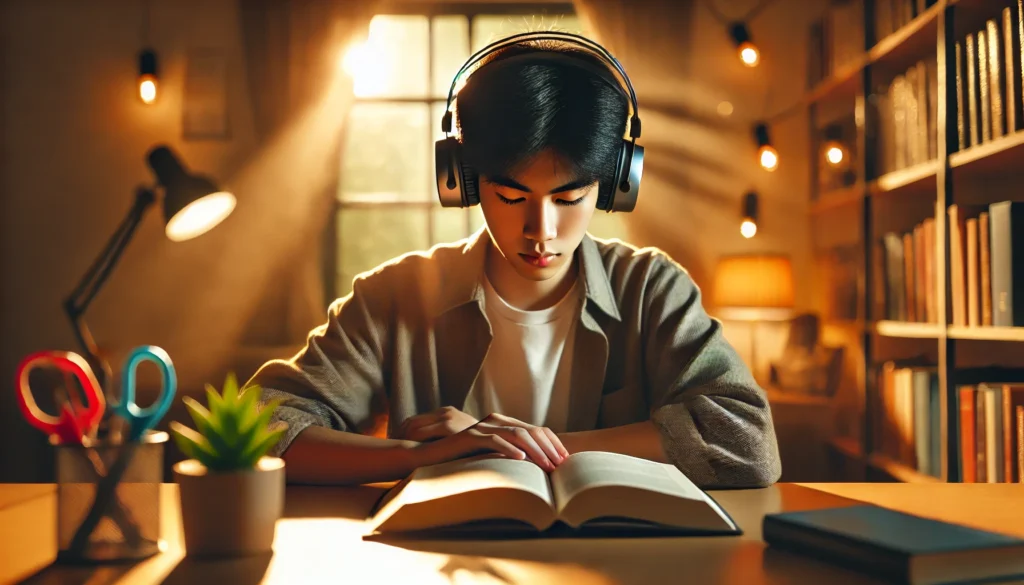 A student studying with noise-canceling headphones in a distraction-free environment. Warm lighting and an organized study space emphasize deep concentration and productivity.