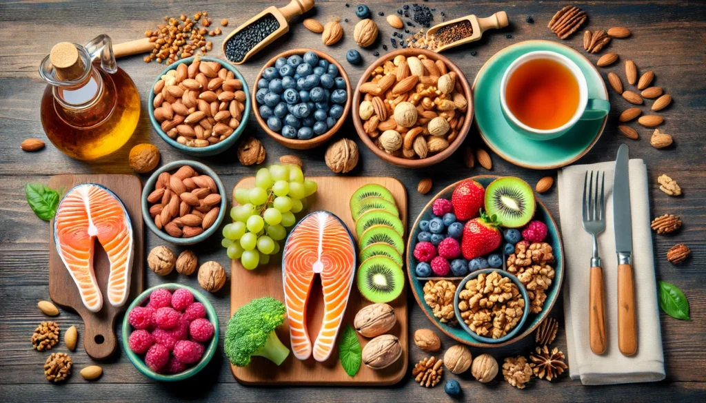 A nutritious meal with brain-boosting foods like nuts, berries, salmon, and green tea, beautifully arranged on a wooden table. The fresh ingredients symbolize essential nutrients for brain health and cognitive function.