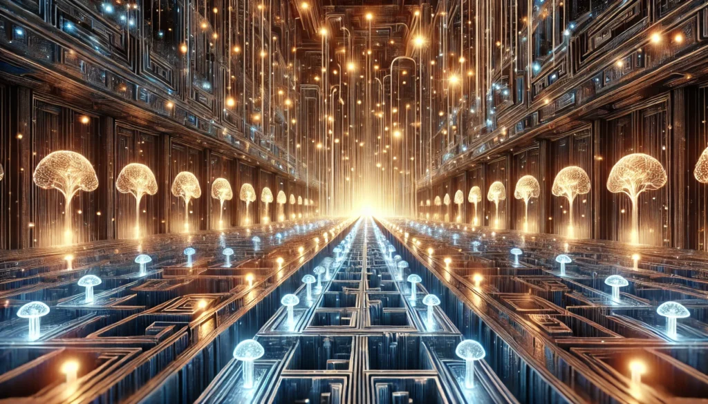 An abstract visualization of a memory palace with glowing corridors, symbolizing structured memorization techniques for quick learning. The illuminated pathways represent organized knowledge retention.