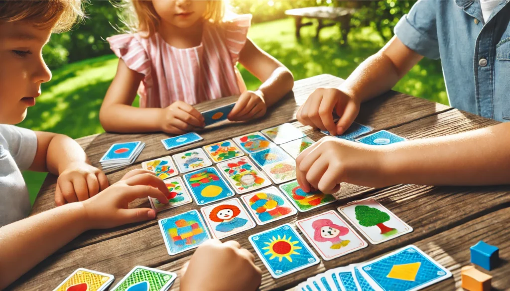 Children playing a memory card game on a picnic table in a sunny park, focusing on vibrant cards with various shapes and colors, illustrating how to play memory games in an outdoor setting.