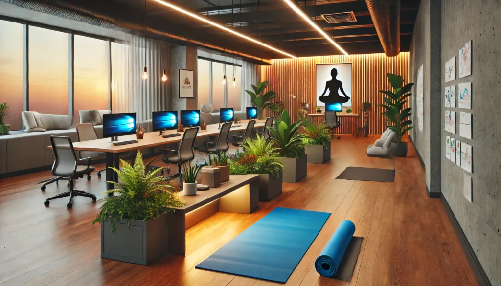 A wellness room in a professional workspace featuring yoga mats, soft lighting, and greenery, showcasing how to prevent employee burnout through supportive wellness resources.