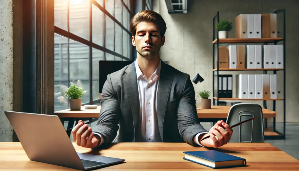 An individual practicing mindfulness at their desk in a quiet office, highlighting how to remain calm at work through mindful breathing exercises.