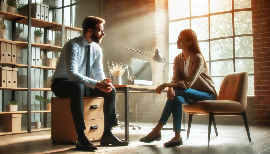 A manager and an employee engaging in a calm and open one-on-one conversation in a modern office, showcasing how to remain calm at work through effective communication.