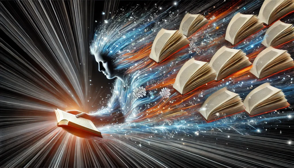 An abstract visualization of a person reading at high speed, with pages of books transforming into dynamic energy waves. This represents accelerated reading comprehension and knowledge absorption.