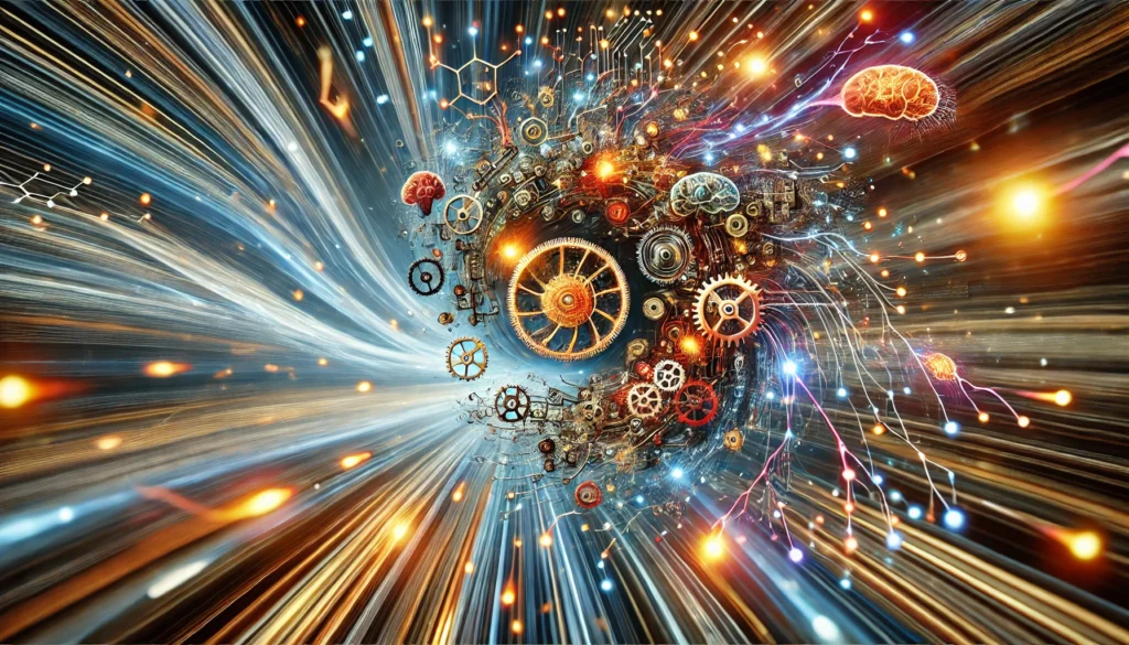 A surreal depiction of fast thinking and problem-solving, featuring a swirling vortex of glowing gears, circuits, and neurons. The interconnected elements and motion blur effect represent the speed and agility of processing information.