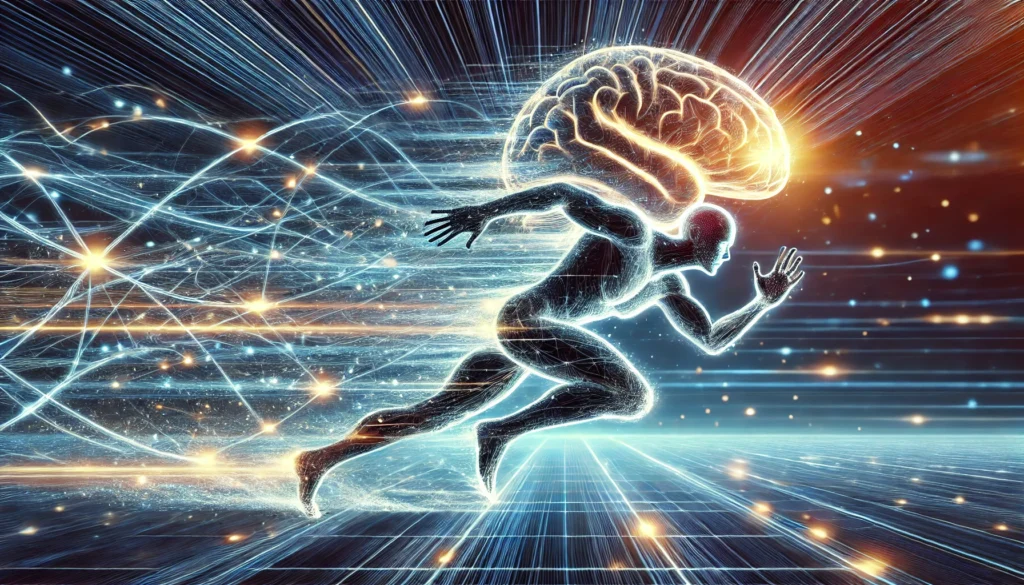 A dynamic representation of mental agility and quick thinking, depicting a human figure running along a glowing neural pathway. Light trails form behind them, symbolizing speed, adaptability, and rapid cognitive processing in a high-energy futuristic setting.