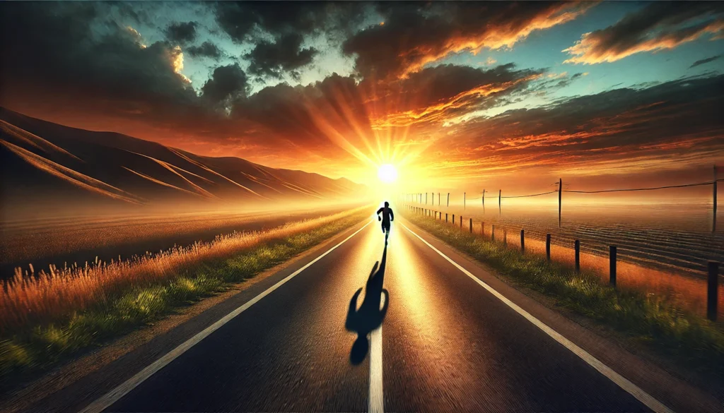 A runner on an open road at sunrise, symbolizing determination, progress, and the pursuit of personal growth