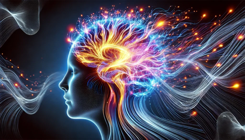 A futuristic visualization of a glowing human brain with dynamic neural pathways expanding and interconnecting, symbolizing enhanced brain plasticity. The vibrant energy waves represent cognitive flexibility and learning adaptability.