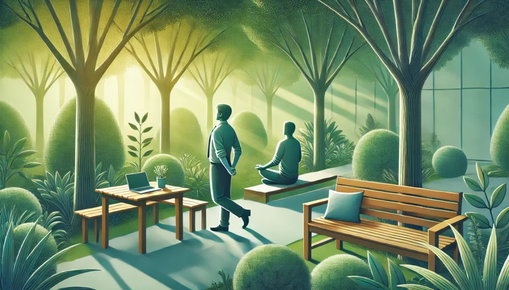 An employee practicing deep breathing exercises on a bench in a serene outdoor space, surrounded by greenery, demonstrating stress relief techniques for job anxiety.